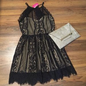 Black and Nude Lace Dress, Open Back. Small